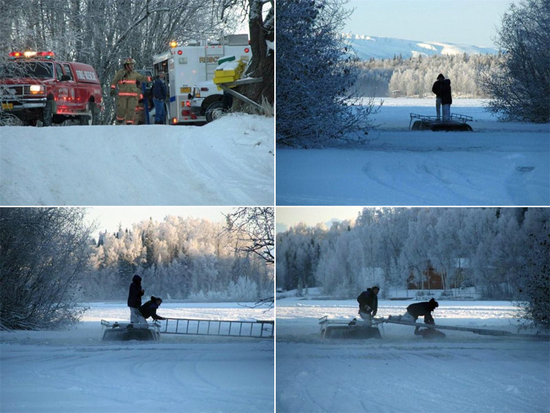 The couple is being rescued from the roof of his truck fell through the ice