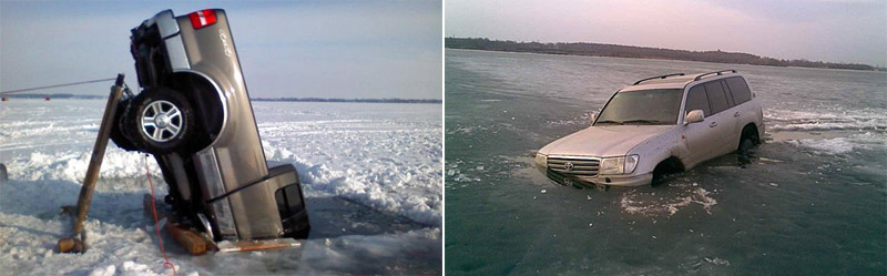 Pickup truck and SUV half sunk in the ice