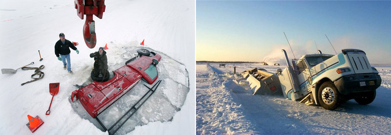 Trucks fell through the ice on Alaska