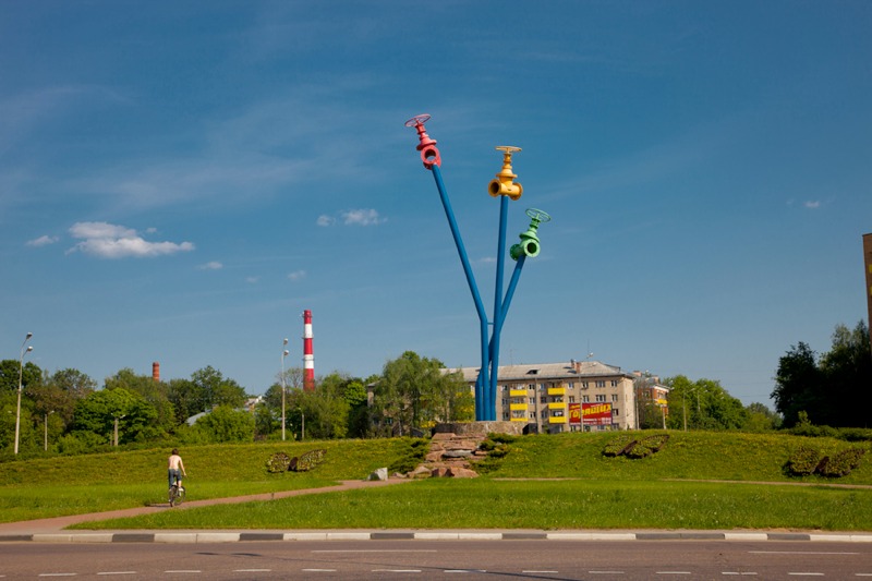 Watermain monument composed of pipes and valves in Mytischi, Russia