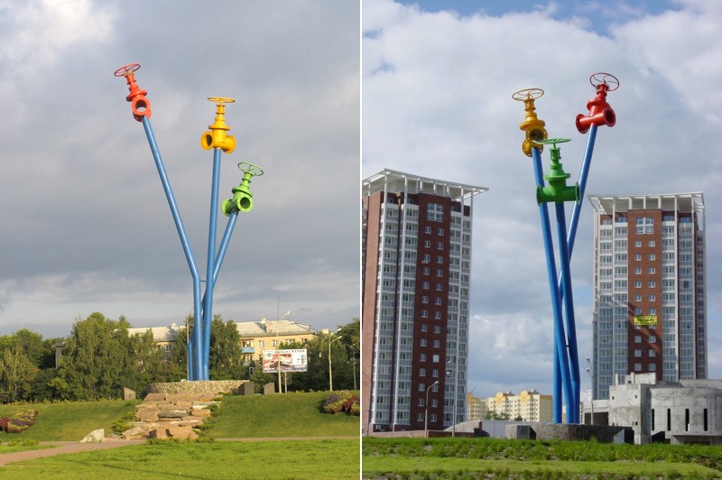 Watermain monument composed of pipes and valves in Mytischi, Russia