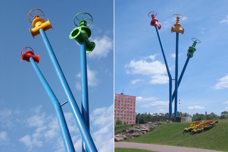 Watermain monument composed of pipes and valves in Mytischi, Russia