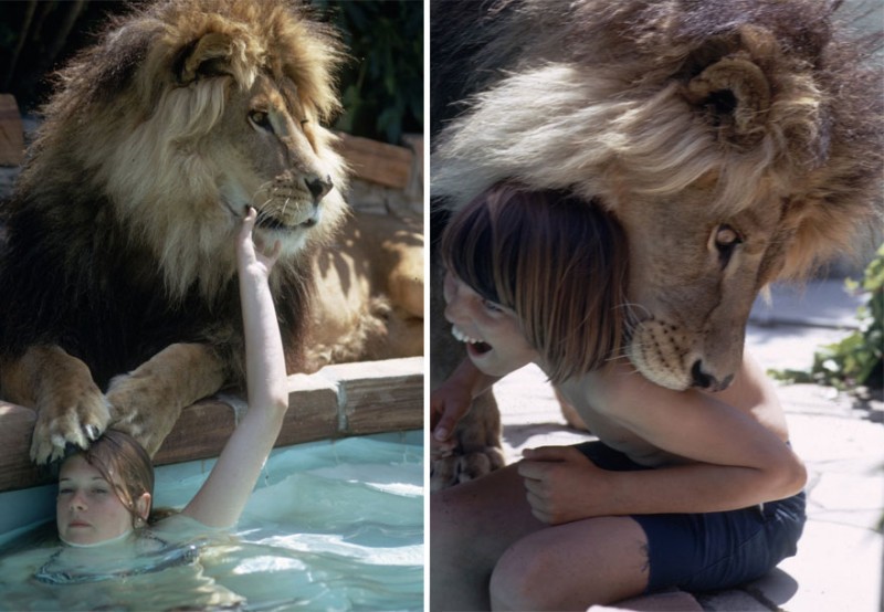 Melanie in a swimming pool with Neil (left) and a child playing with Neil (right)