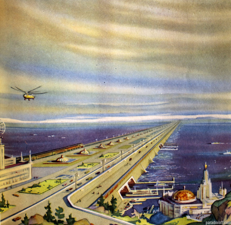 The project of the bridge-dam between USA and Russia as published in the 1961 soviet book